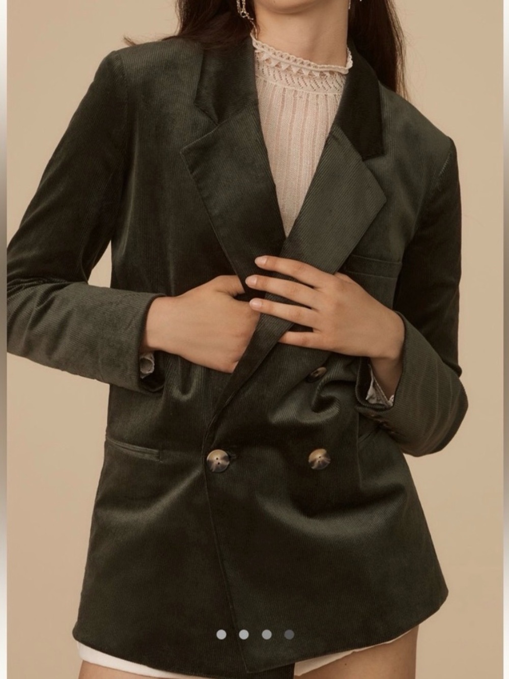 Maeve Double-Breasted Corduroy Blazer in Deep Olive Green